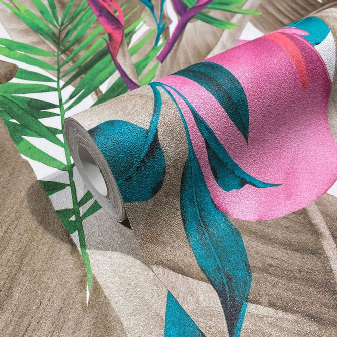 Vliestapete in Blattmotiv mit versteckten Tieren grün, braun Floral