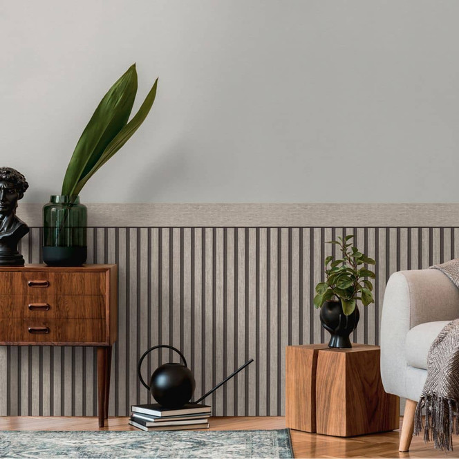 Holzpaneel-Tapete Akustikoptik grau Schwarz – Vliestapete mit 3D-Holzstruktur