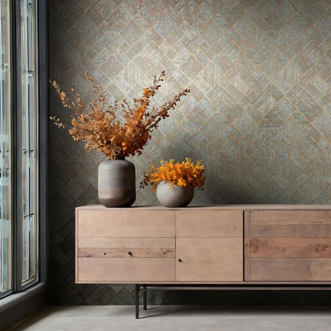 Vliestapete in Blau, Kupfer Karriert, Rautenmuster Grafisch Geometrisch