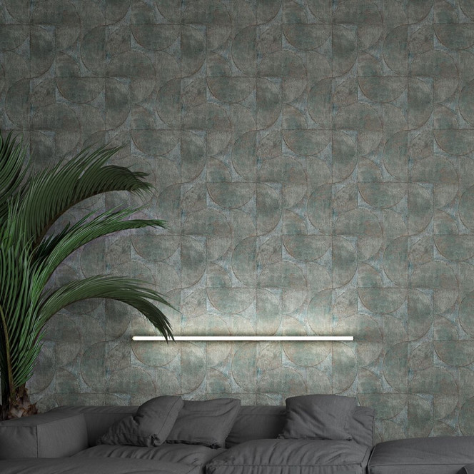 Vliestapete mit Halbkreisen und Rechtecken grau, blau Struktur