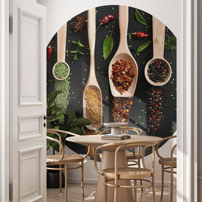 Fototapete Küche - Kräuter und Gewürze auf Holzlöffel - Dingemans - Rund - Selbstklebend/Vlies