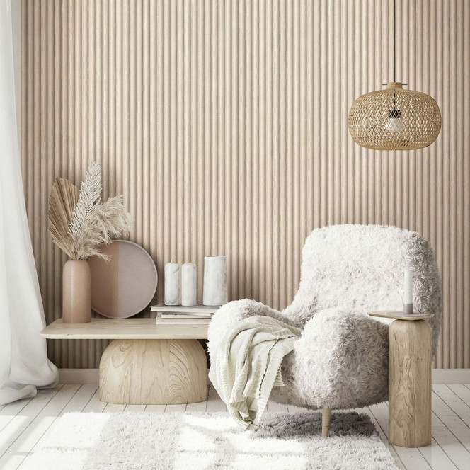 Vliestapete in Grau Beige 3D-Optik Akustikpaneel Optik Holz Streifen Klassisch