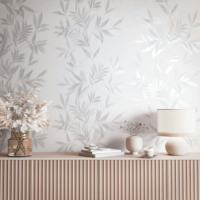 Vliestapete in weiss, grau Blattmotiv Blätteroptik Floral Natur
