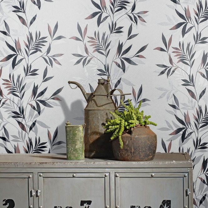 Vliestapete in weiss, schwarz Blattmotiv Blätteroptik Floral Natur