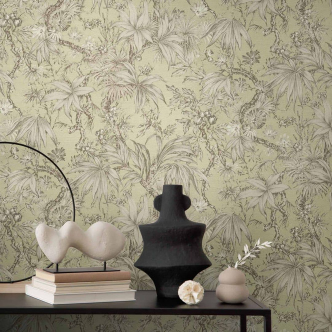 Botanik-Tapete Grün Beige - Exotische Vliestapete mit Blättern - Mustertapete
