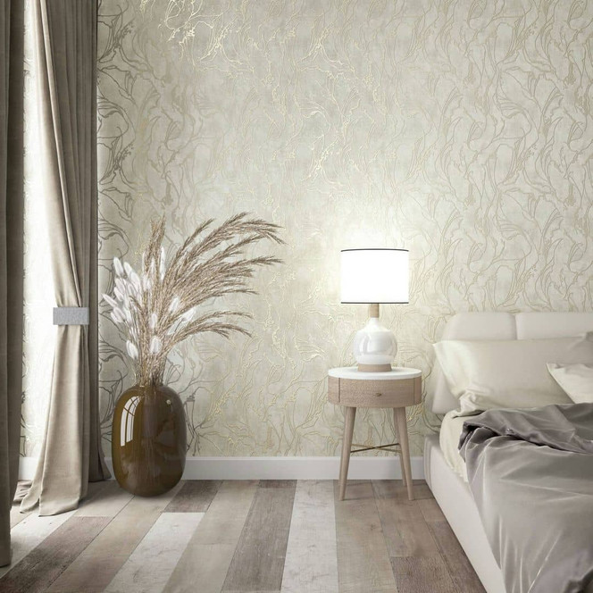Vliestapete mit geschwungenen glänzenden Linien beige Grafik