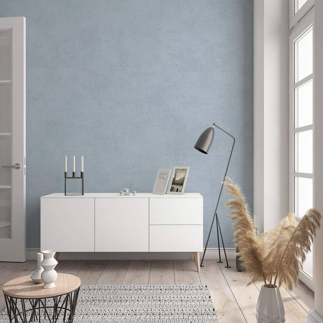 Vliestapete mit moderner einfarbiger Optik und Struktur in blau, grau Uni