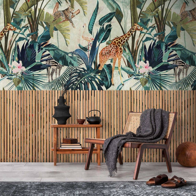 Fototapete Dschungel mit Holzpaneelen - Vliestapete Tropisches Design - Wohnzimmer Tapete