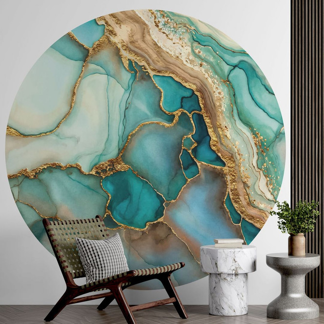 Fototapete Marmorierte Wellen in Türkis und Gold - Haase - Rund - Selbstklebend/Vlies