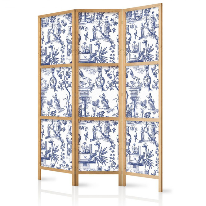 Japanischer Paravent, Raumteiler freistehend, Trennwand - Rome and Botany: Blue Greek and Plant Pattern