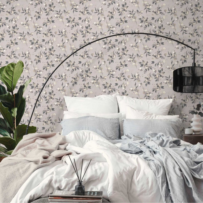 Florale Aquarell-Tapete Taupe Beige – Vliestapete mit Blättern – Naturmuster modern