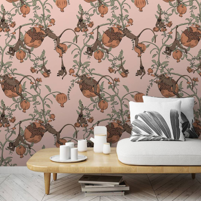 Fototapete mit Affen und Pflanzen, Rosa Floral 2.70 x 1.06 m