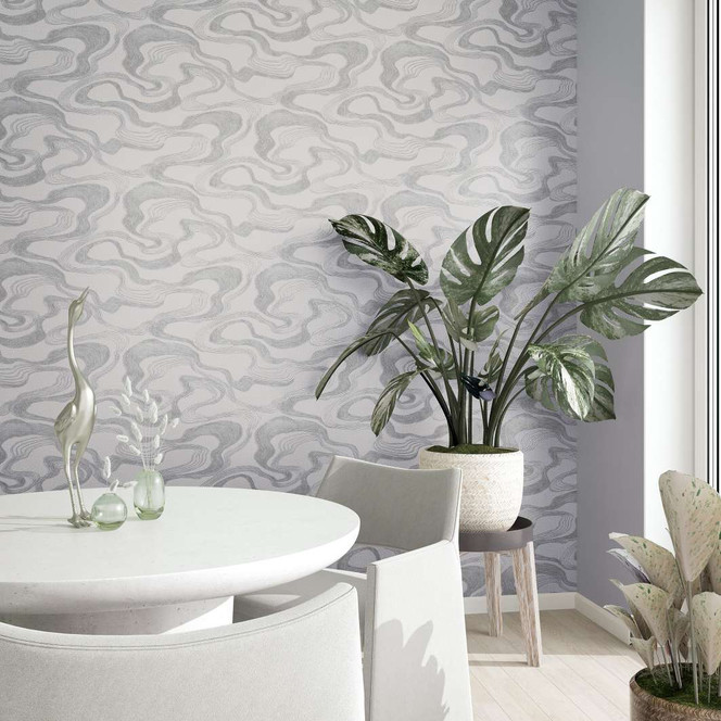 Vliestapete mit Nebelduns in glänzenden Bögen grau Grafisch