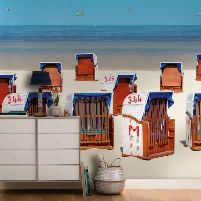 Fototapete mit Strandkörben am Meer Beige, Blau ,Illustration 2.70 x 1.59 m