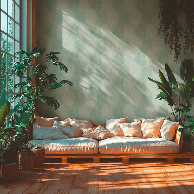 Palmblatt-Tapete Salbeigrün – Tropisches Blättermotiv – Vliestapete modern