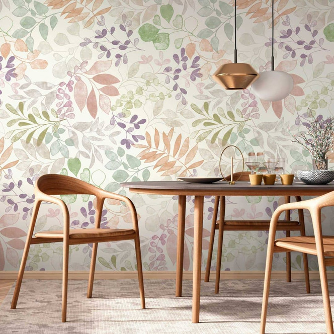 Vliestapete mit Blättermuster Pastell Bunt - Florale Fototapete - Natur-Design