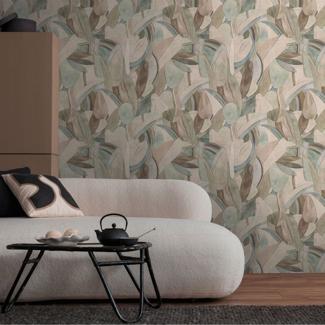 Abstrakte Blätter-Tapete in Beige Grün Blau – Sanfte Naturtöne – Vliestapete