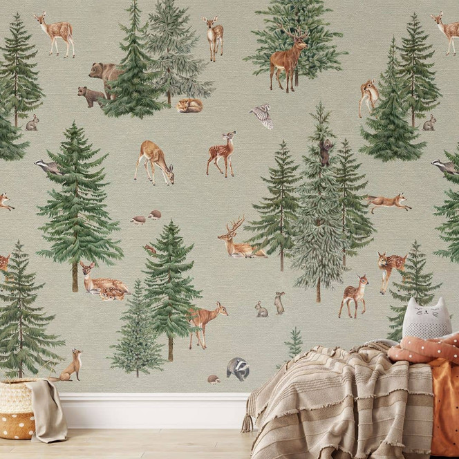 Fototapete Märchenhafter Tannenwald mit Rehen und Hasen - Kikki Belle