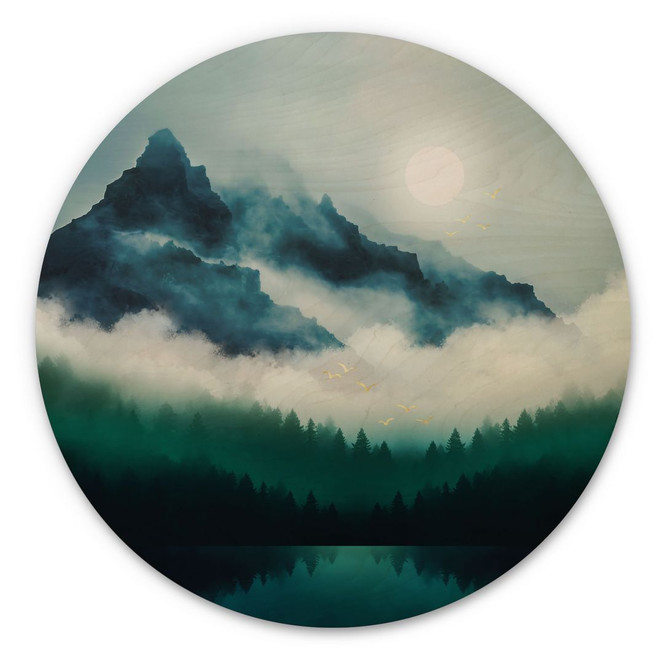 Holzbild Neblige Landschaft in der Nacht - SpaceFrog Designs - Rund