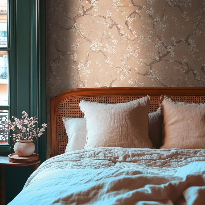 Blütenzweig-Tapete Beige Weiss Orange – Vliestapete mit Kirschblüten