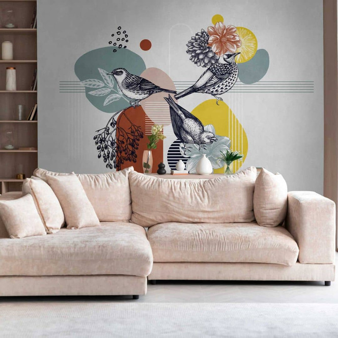 Fototapete Vögel Bunt Grafik - Vliestapete mit Natur- und Blumenmotiv für Wohnzimmer