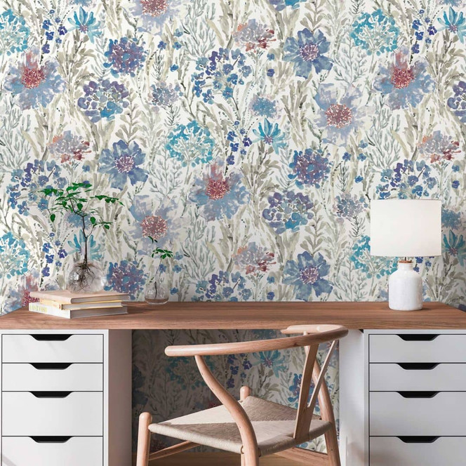 Blumentapete Aquarell Blau Grau - Florale Vliestapete - Elegant