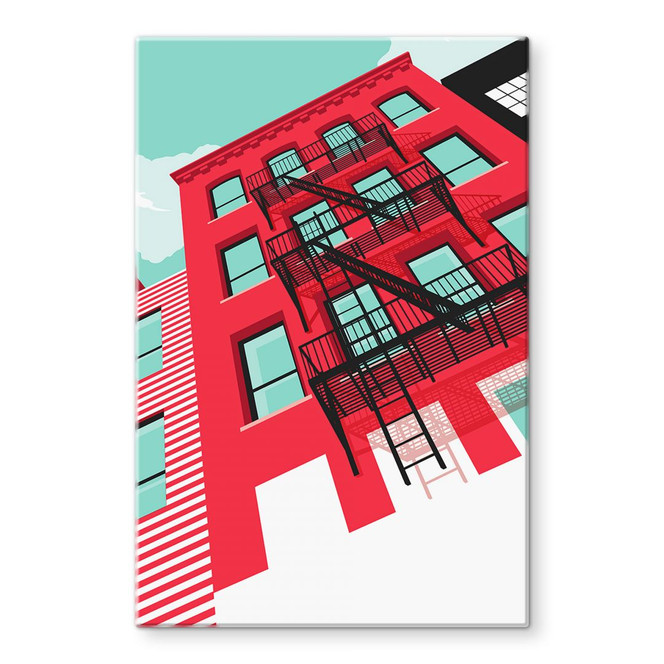 Glasbild Rote Fassade mit Feuertreppe in New York - Heemskerk