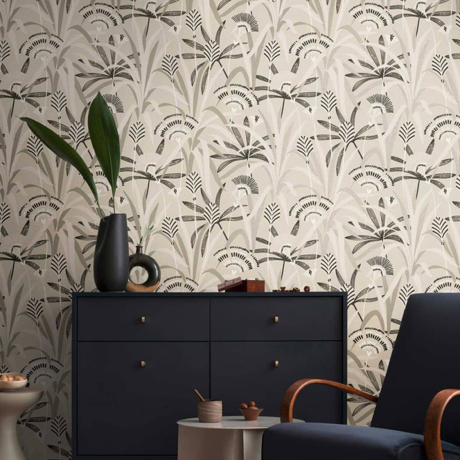 Pflanzen-Tapete in Beige Schwarz – Vliestapete mit exotischem Blättermuster