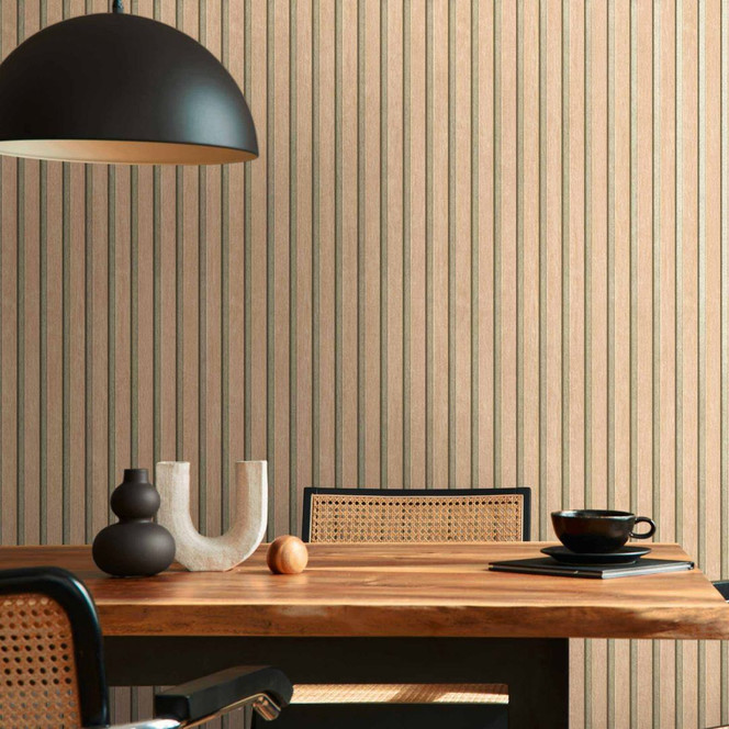3D Tapete Beige mit Gold Metallic Hintergrund - skandinavische Akustik-Holzpaneel Optik