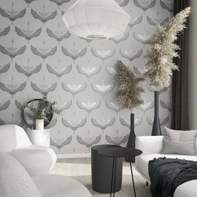 Vliestapete mit Kranichen weiss, grau Grafisch