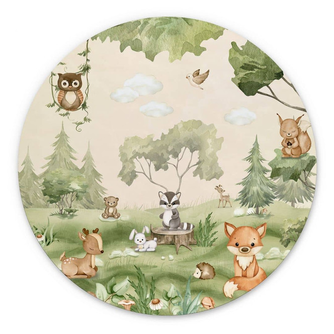 Wandbild Süsse Tiere im Herzen des Waldes - Oliver Robins - Alu-Dibond Rund