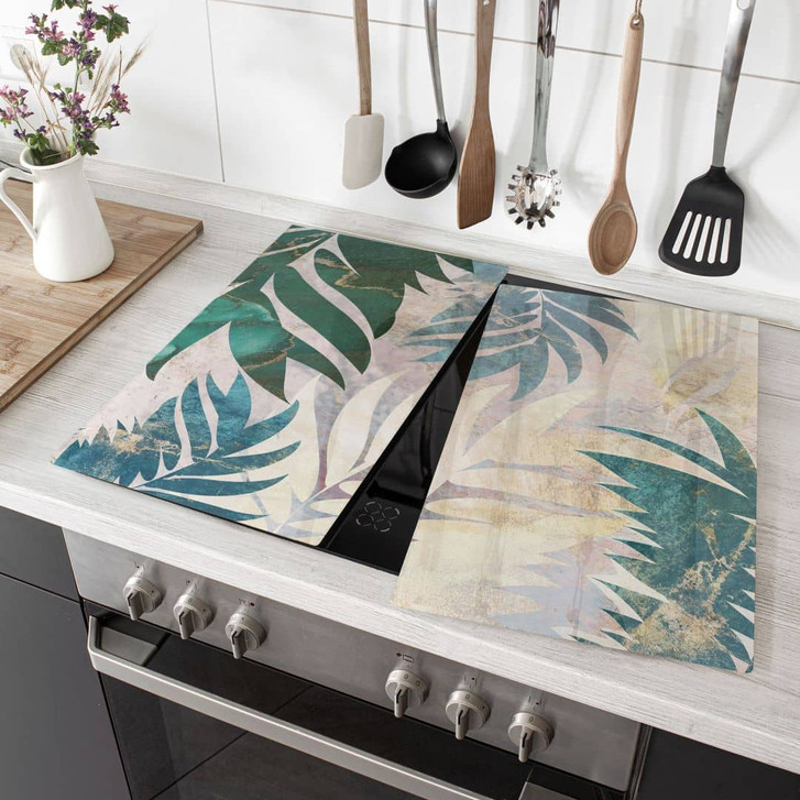 Herdabdeckplatte Exotische Palmenblätter in Gold-grün - Manovski - WA472204
