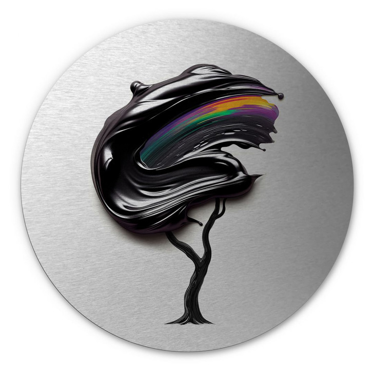 Wandbild mit Silbereffekt Baum mit schwarzer 3D-Krone - Mielu - Alu-Dibond Rund - WA458705