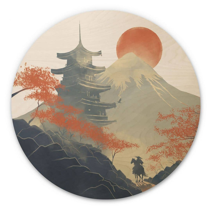 Holzbild Sonnenaufgang über der Pagode - Roze - Rund - WA435561