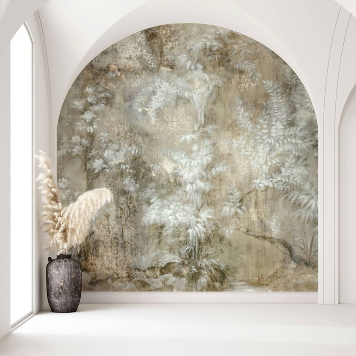 Fototapete in gezeichneter Wald beige, weiss, grün Floral - WA448729
