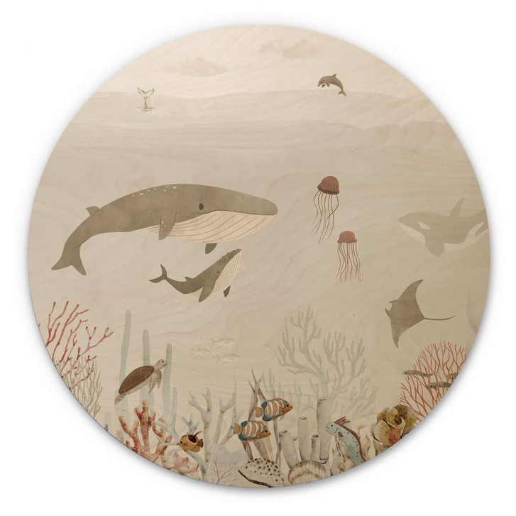 Holzbild für Kinder - Wale und ihre Freunde in der Unterwasserwelt - Oliver Robins - Rund - WA435581