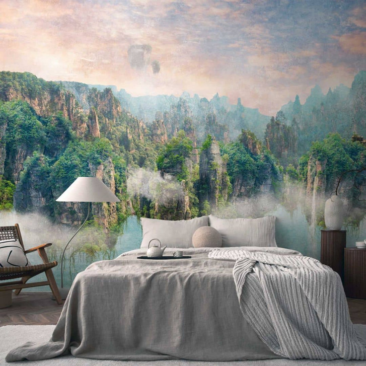 Fototapete Fantasielandschaft Berge Grün Blau - Vliestapete mit Nebelmotiv für Wohnzimmer - WA418412