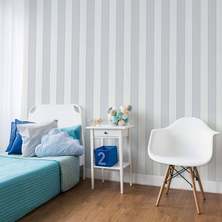 Vliestapete mit leicht glänzenden Blockstreifen weiss, grau Streifen - WA446183