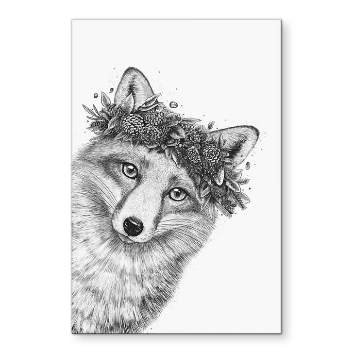Wandbild Schwarz-weisser Fuchs mit Blumenkranz - Korenkova - Alu-Dibond - WA434159