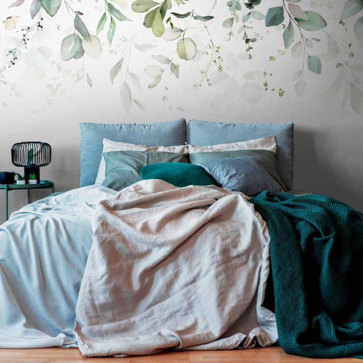 Fototapete Blätter Grün Weiss - Vliestapete mit Aquarellmotiv für Wohnzimmer & Schlafzimmer - WA433899