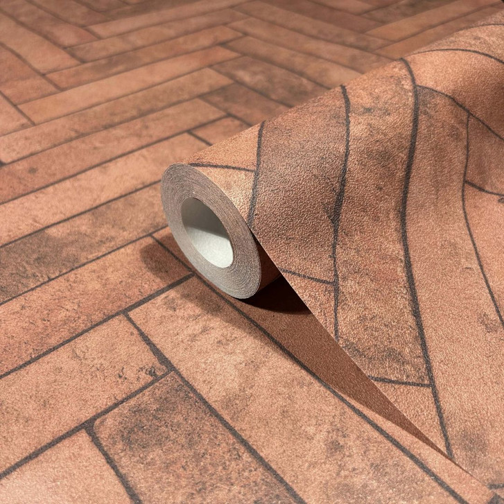 Vliestapete mit Fischgrat Steinmuster rot, braun Steinoptik - WA445545