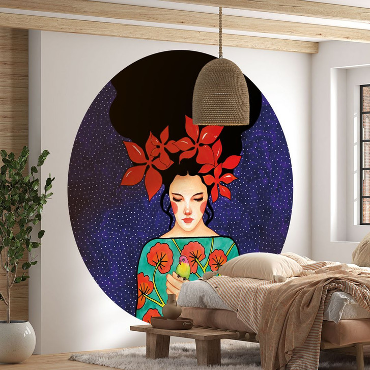 Fototapete Frau mit Blütenkrone und Vogel - Hülya - Rund - Selbstklebend/Vlies - WA485477