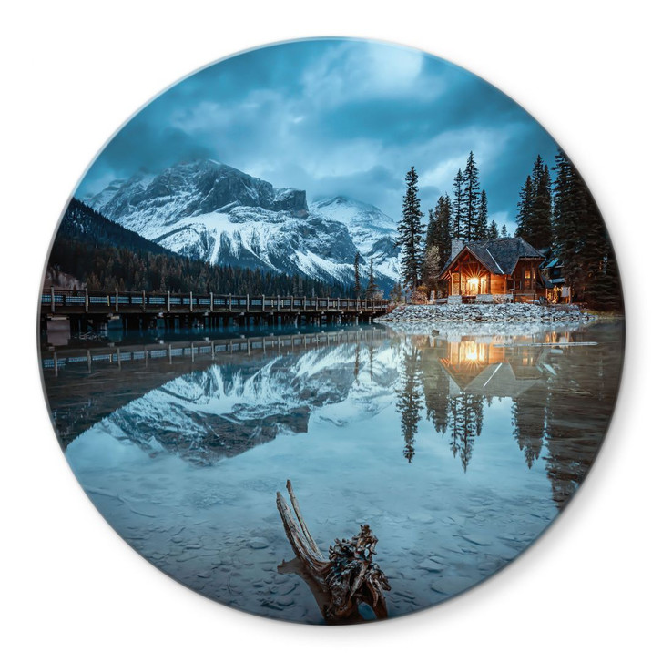 Glasbild Bergidylle am abendlichen See - Bing Li - Rund - WA424793