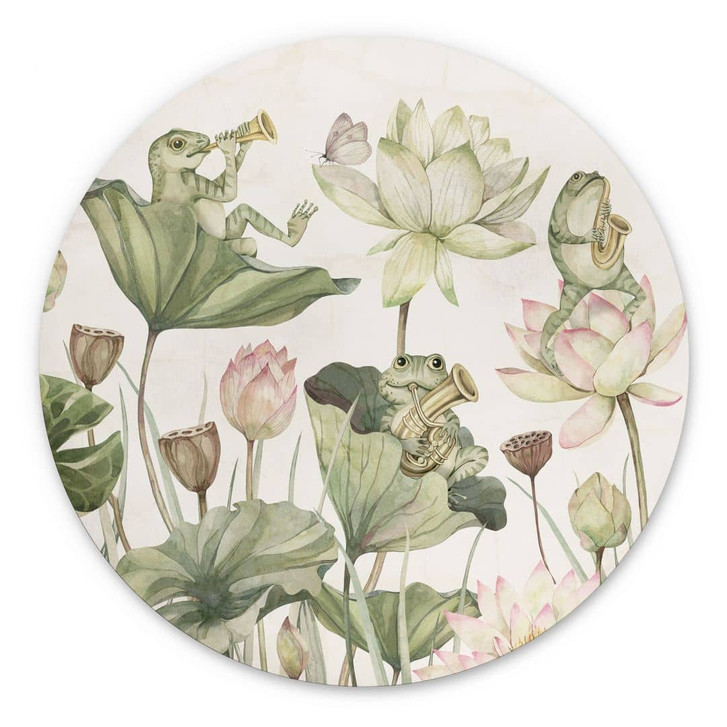 Wandbild Frosch-Orchester auf Seerosen - Kikki Belle - Rund - Alu-Dibond - WA422565