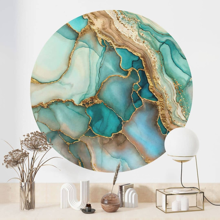 Wandtattoo Marmorierte Wellen in Türkis und Gold - Haase - Rund - WA433725