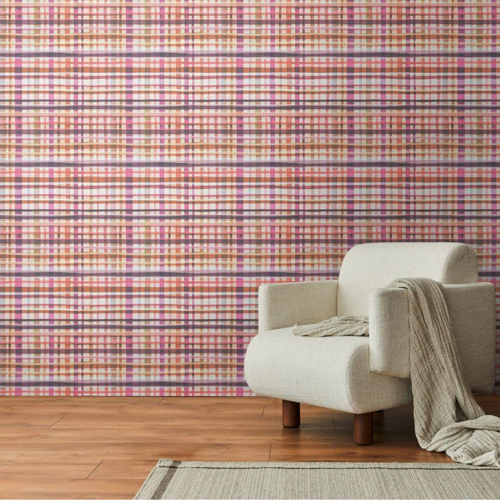 Karierte Tapete Aquarell Rosa Orange – Vliestapete modern kariert – Bunt & kreativ - WA465564