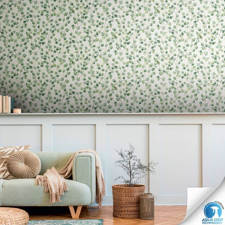 Blätter-Tapete Aquarell Hellgrün Weiss vorgeleimt - Vliestapete Tapezieren ohne Kleister - WA465589