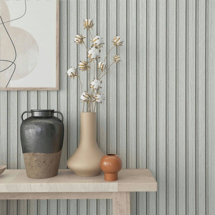 Vliestapete mit Akustikpaneele Optik und leichter Holzmaserung im Skandi Stil greige Streifen - WA444835