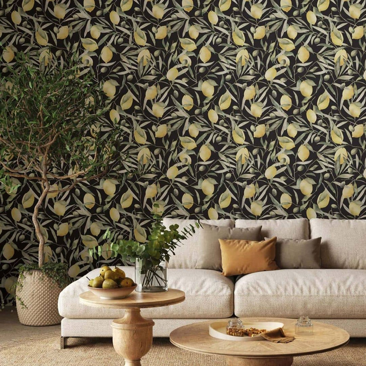 Vliestapete Zitronen, Blätter Floral Natur matt in Schwarz - WA473016