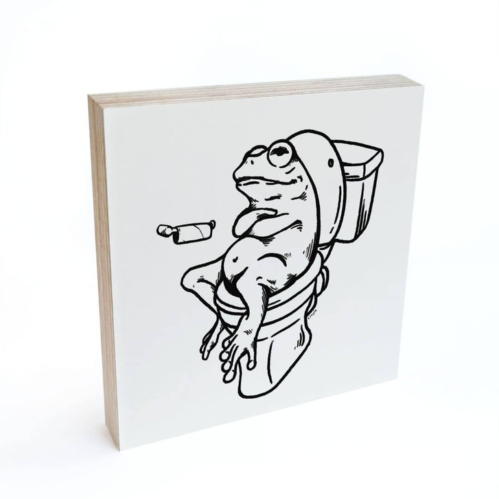Holzbild zum Hinstellen Warten auf der Toilette - Humorvolle Frosch-Illustration - Royle - 15 x 15 cm - WA418857